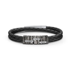 Men’s Leather Sterling Silver Engravable Industrial Plate Bracelet