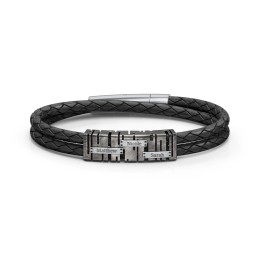Men’s Leather Sterling Silver Engravable Industrial Plate Bracelet in 925 Sterling Silver