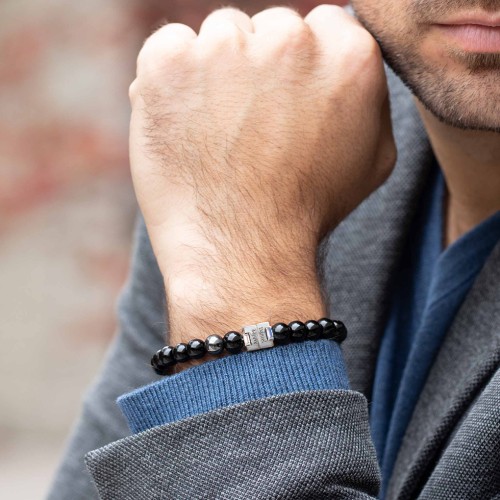Men's Engravable S-Knot Bead Bracelet with Baguette Gemstones – Sterling Silver with Amethyst, Blue Topaz, and