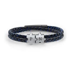 Men’s Engravable Black Leather & Blue Silk Initial Bracelet with Puzzle Pieces