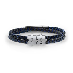 Men’s Engravable Black Leather & Blue Silk Initial Bracelet with Puzzle Pieces in 925 Sterling Silver
