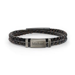 Men’s Engravable Black Leather & Brown Silk Bracelet with Brush Finish Plate