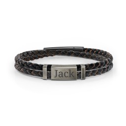 Men’s Engravable Black Leather & Brown Silk Bracelet with Brush Finish Plate in 925 Sterling Silver