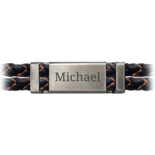 Men’s Engravable Black Leather & Brown Silk Bracelet with Brush Finish Plate – Sterling Silver