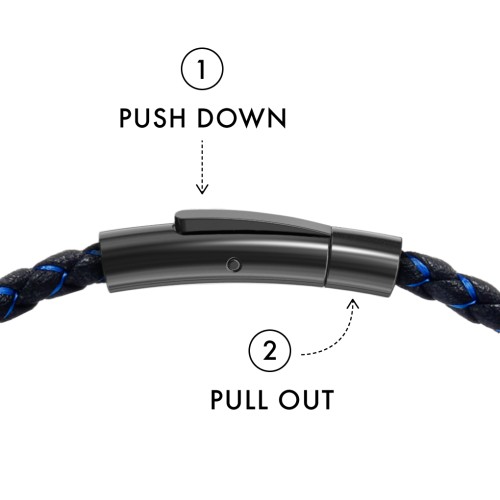 Men’s Engravable Black Leather & Blue Silk Bracelet with Polished Plate