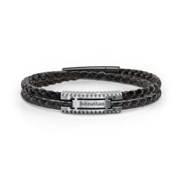 Men’s Engravable Black Leather & Brown Silk Bracelet with Polished Plate