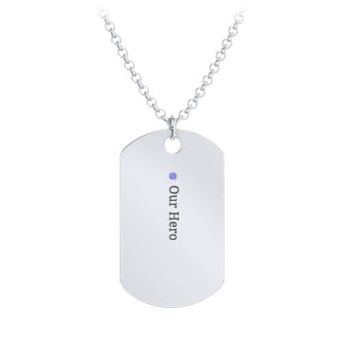 Men's Engravable Dog Tag Necklace with 1 Birthstone – Sterling Silver with Blue Sapphire