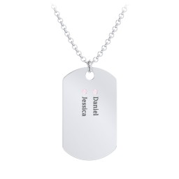 Men's Engravable Dog Tag Necklace with 2 Birthstones in 925 Sterling Silver with Pink Tourmaline