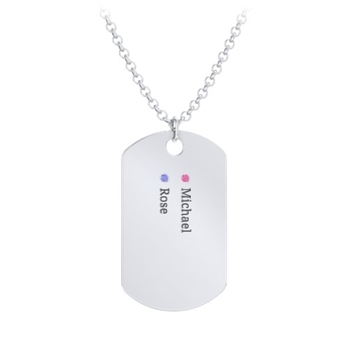 Men's Engravable Dog Tag Necklace with 2 Birthstones – Sterling Silver with Ruby and Blue Sapphire