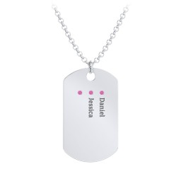 Men's Engravable Dog Tag Necklace with 3 Birthstones in 925 Sterling Silver with Ruby