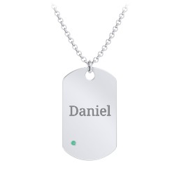 Men's Engravable Dog Tag Necklace With Accent in 925 Sterling Silver with Emerald