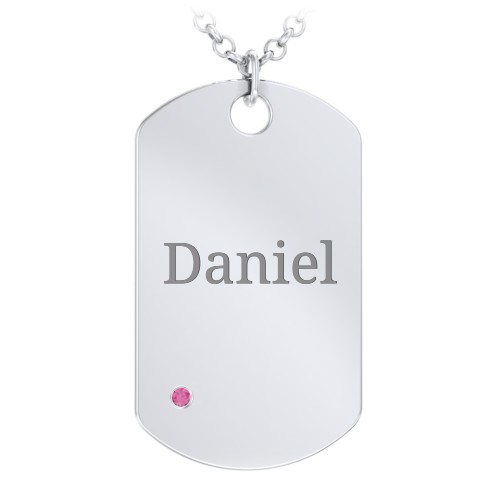 Men's Engravable Dog Tag Necklace With Accent – Sterling Silver with Ruby