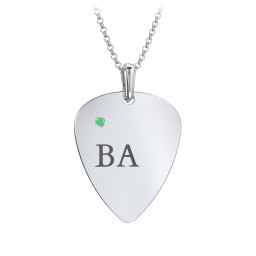 Men's Engravable Guitar Pick Fraternity Necklace with Gemstone in 925 Sterling Silver with Emerald