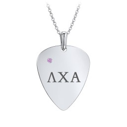 Men's Engravable Guitar Pick Fraternity Necklace with Gemstone in 925 Sterling Silver with Amethyst