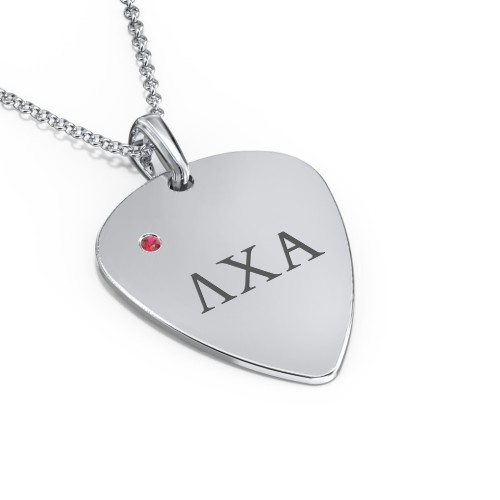 Men's Engravable Guitar Pick Fraternity Necklace with Gemstone – Sterling Silver with Garnet