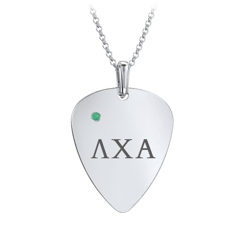 Men's Engravable Guitar Pick Fraternity Necklace with Gemstone – Sterling Silver with Emerald