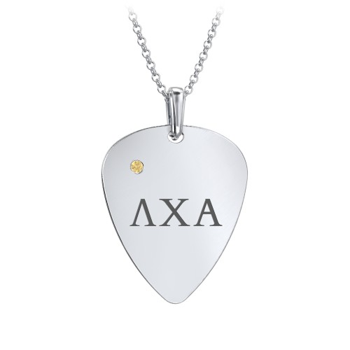 Men's Engravable Guitar Pick Fraternity Necklace with Gemstone – Sterling Silver with Citrine