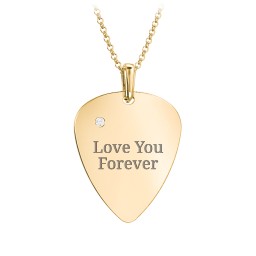 Men's Engravable Guitar Pick Necklace with Gemstone in 10K Solid Yellow Gold with Diamond