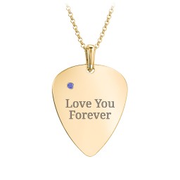 Men's Engravable Guitar Pick Necklace with Gemstone in 10K Solid Yellow Gold with Blue Sapphire