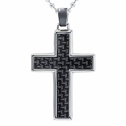 Engravable Stainless Steel Cross Necklace With Carbon Fibre Inlay in Stainless Steel