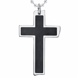 Engravable Stainless Steel Cross Necklace With Black Inlay in Stainless Steel