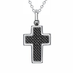 Engravable Stainless Steel Cross Necklace With Textured Carbon Fibre Inlay in Stainless Steel