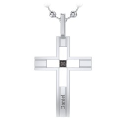 Men’s Engravable Cut-out Silver Cross Pendant in 925 Sterling Silver with Smokey Quartz