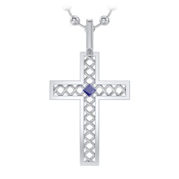 Men’s Silver Geometric Cross Pendant with Birthstone