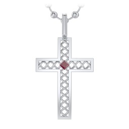 Men’s Silver Geometric Cross Pendant with Birthstone in 925 Sterling Silver with Ruby