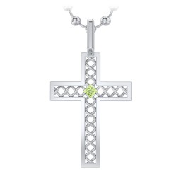 Men’s Silver Geometric Cross Pendant with Birthstone in 925 Sterling Silver with Peridot