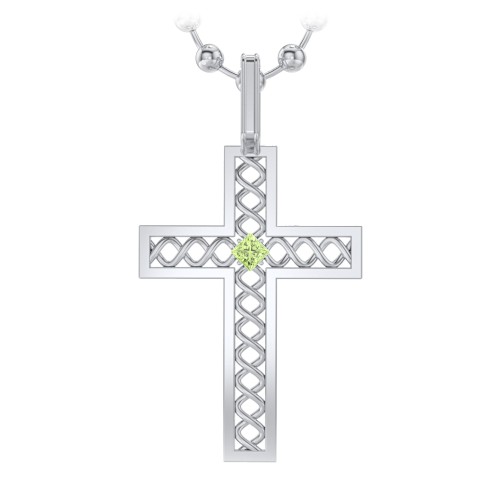 Men’s Silver Geometric Cross Pendant with Birthstone – Sterling Silver with Peridot