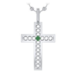Men’s Silver Geometric Cross Pendant with Birthstone in 925 Sterling Silver with Emerald