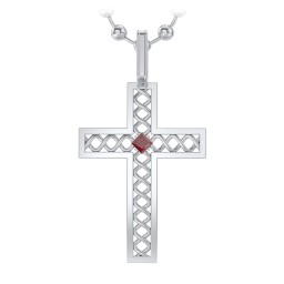 Men’s Silver Geometric Cross Pendant with Birthstone in 925 Sterling Silver with Garnet