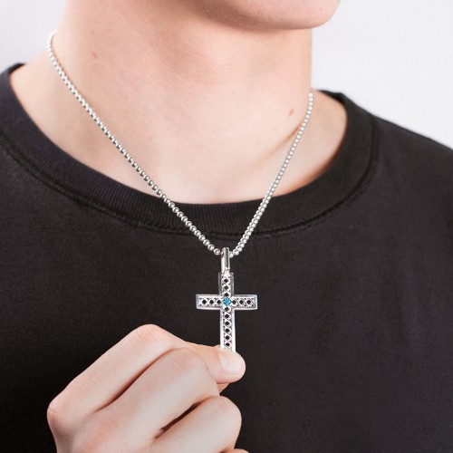 Men’s Silver Geometric Cross Pendant with Birthstone – Sterling Silver with Blue Sapphire