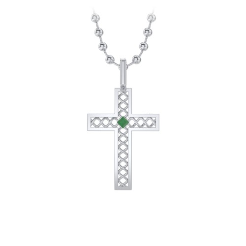 Men’s Silver Geometric Cross Pendant with Birthstone – Sterling Silver with Emerald