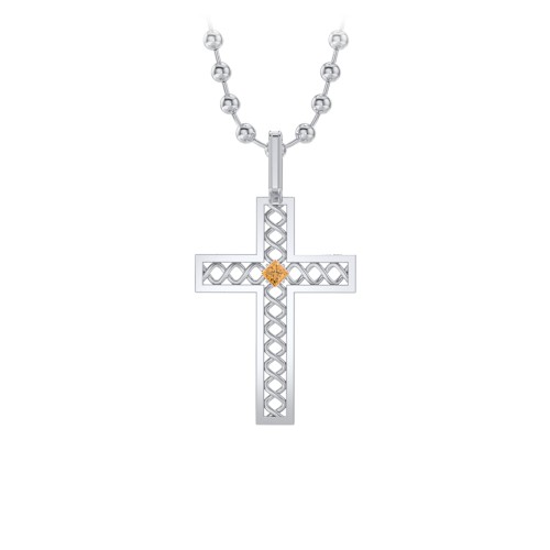 Men’s Silver Geometric Cross Pendant with Birthstone – Sterling Silver with Citrine