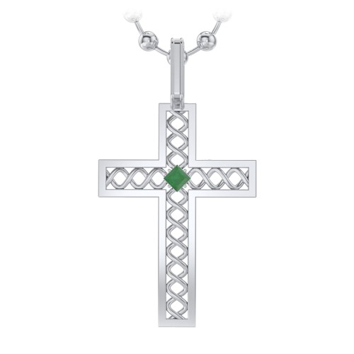 Men’s Silver Geometric Cross Pendant with Birthstone – Sterling Silver with Emerald