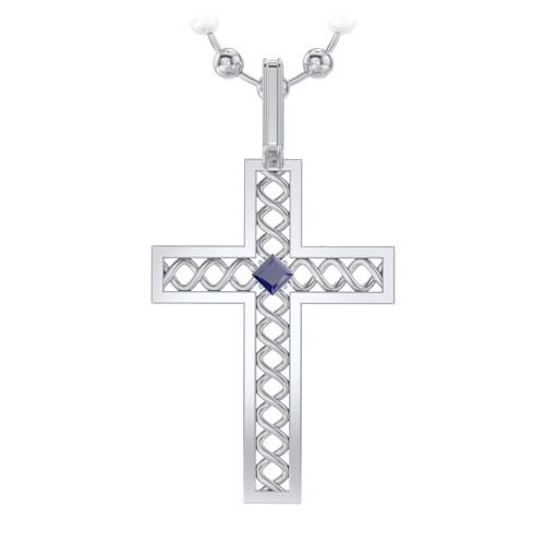 Men’s Silver Geometric Cross Pendant with Birthstone – Sterling Silver with Blue Sapphire