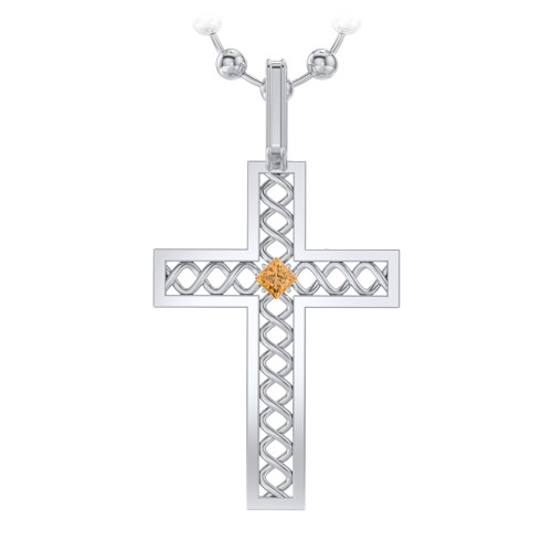 Men’s Silver Geometric Cross Pendant with Birthstone – Sterling Silver with Citrine