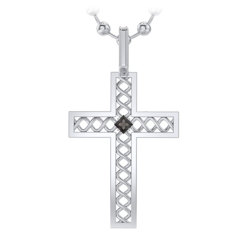 Men’s Silver Geometric Cross Pendant with Birthstone – Sterling Silver with Smokey Quartz