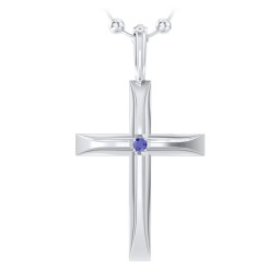 Men’s Beveled Silver Cross Pendant with Birthstone
