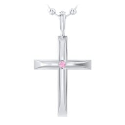 Men’s Beveled Silver Cross Pendant with Birthstone