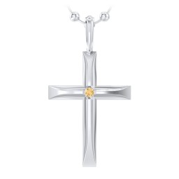 Men’s Beveled Silver Cross Pendant with Birthstone