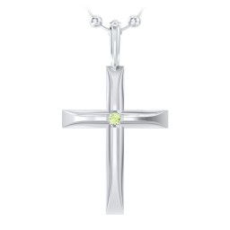 Men’s Beveled Silver Cross Pendant with Birthstone in 925 Sterling Silver with Peridot