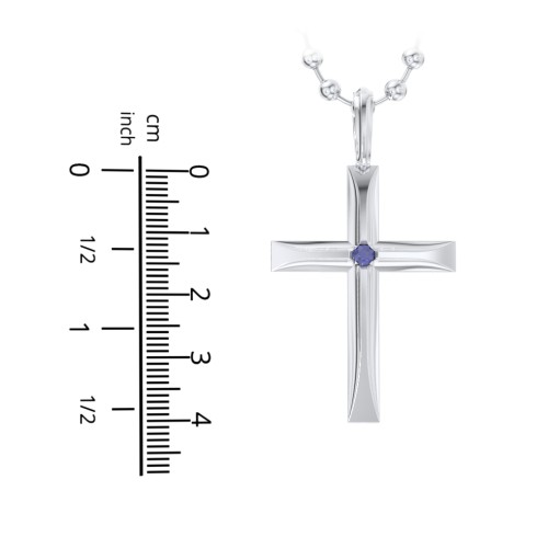 Men’s Beveled Silver Cross Pendant with Birthstone