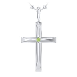 Men’s Beveled Silver Cross Pendant with Birthstone in 925 Sterling Silver with Peridot