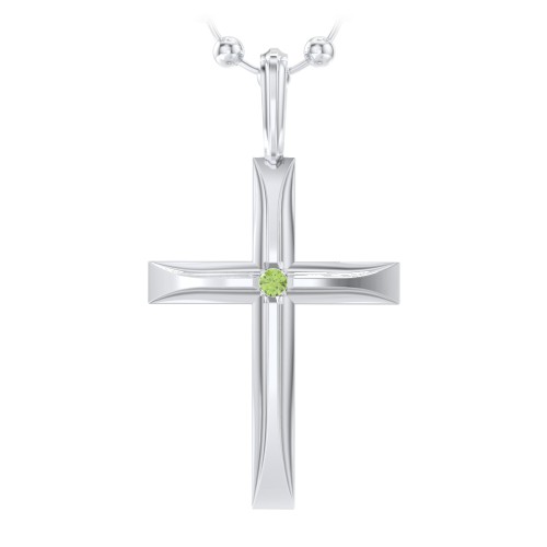 Men’s Beveled Silver Cross Pendant with Birthstone – Sterling Silver with Peridot