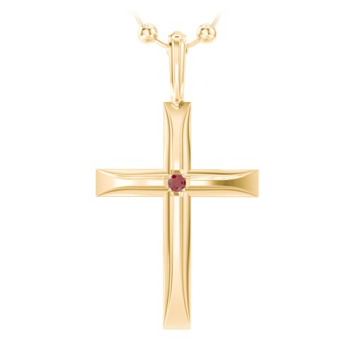 Men’s Beveled Silver Cross Pendant with Birthstone – 10K Yellow Gold with Garnet