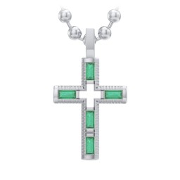 Men’s Baguette Birthstone Cross Pendant in 925 Sterling Silver with Emerald