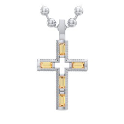 Men’s Baguette Birthstone Cross Pendant in 925 Sterling Silver with Citrine